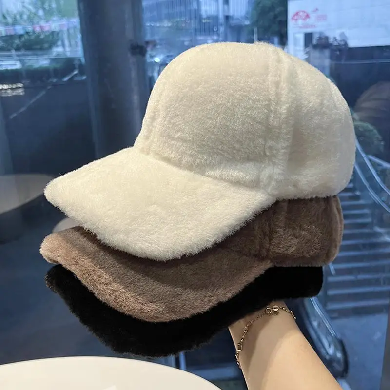Black Plush Baseball Cap for Women Winter Warm - Image 7