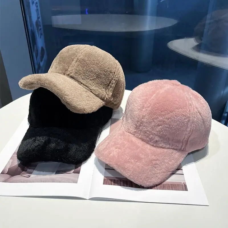 Black Plush Baseball Cap for Women Winter Warm - Image 8