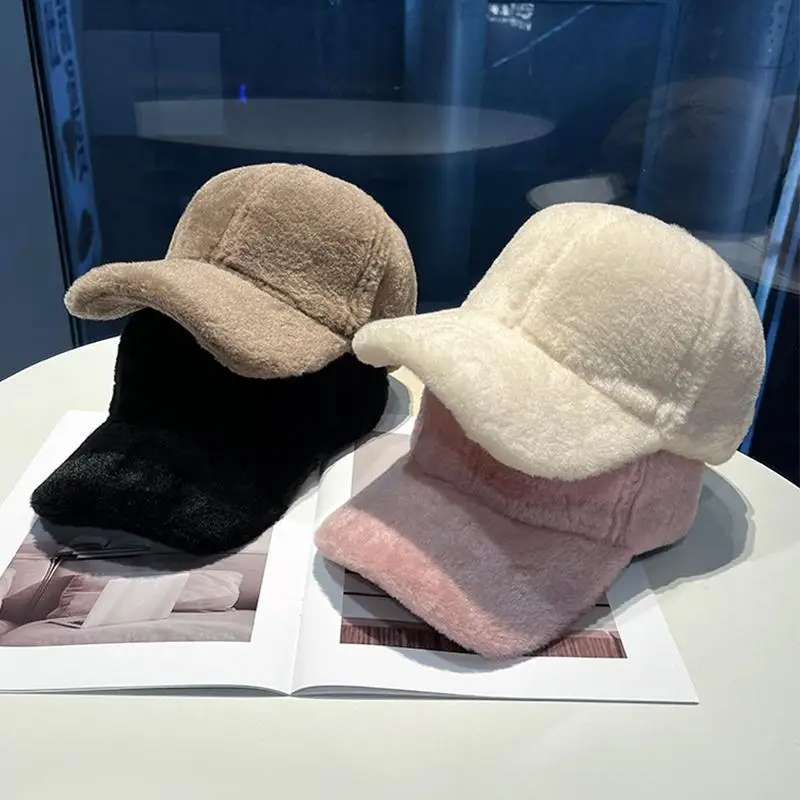 Black Plush Baseball Cap for Women Winter Warm - Image 9