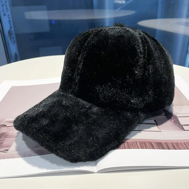 Black Plush Baseball Cap for Women Winter Warm - Image 2