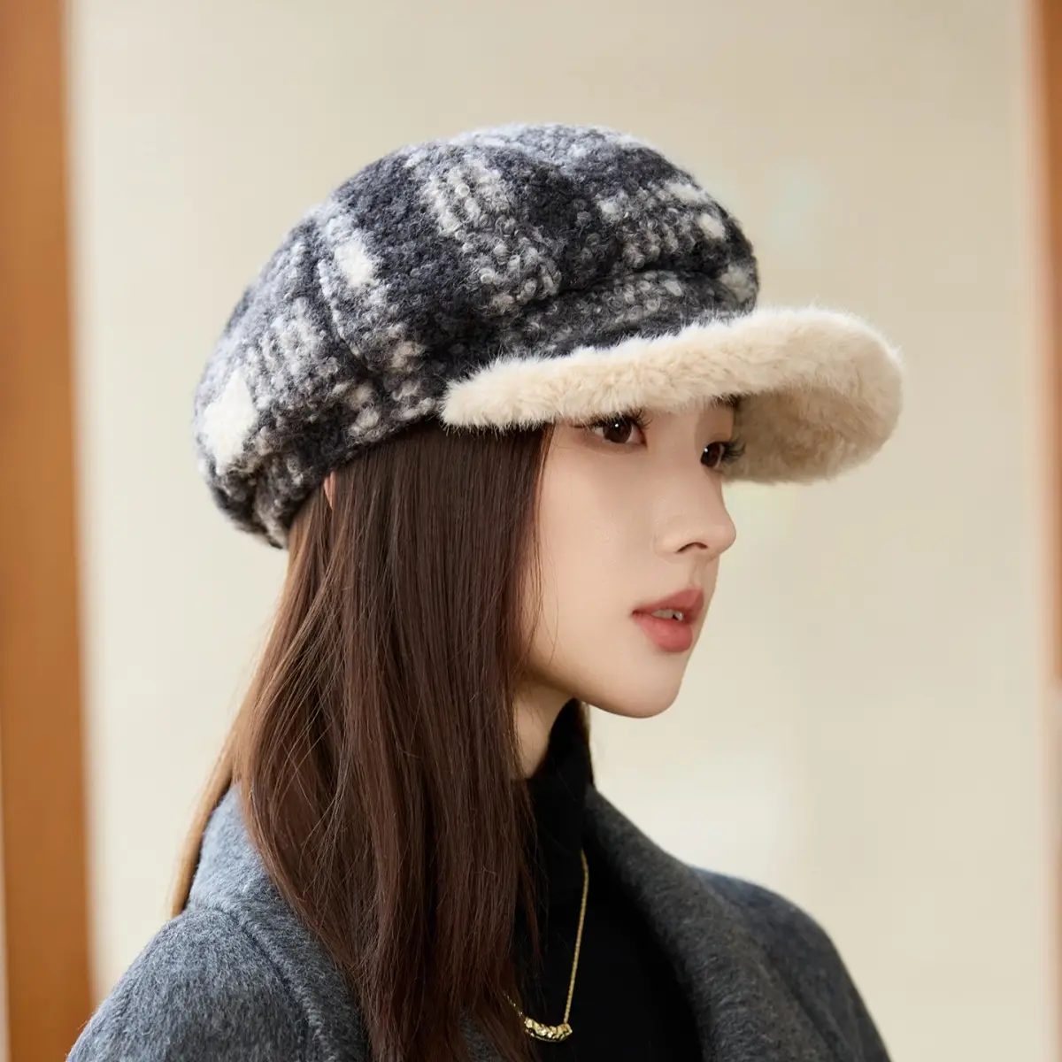 Women Plush Plaid Duck Cap Autumn Winter Sun Hat - Image 6