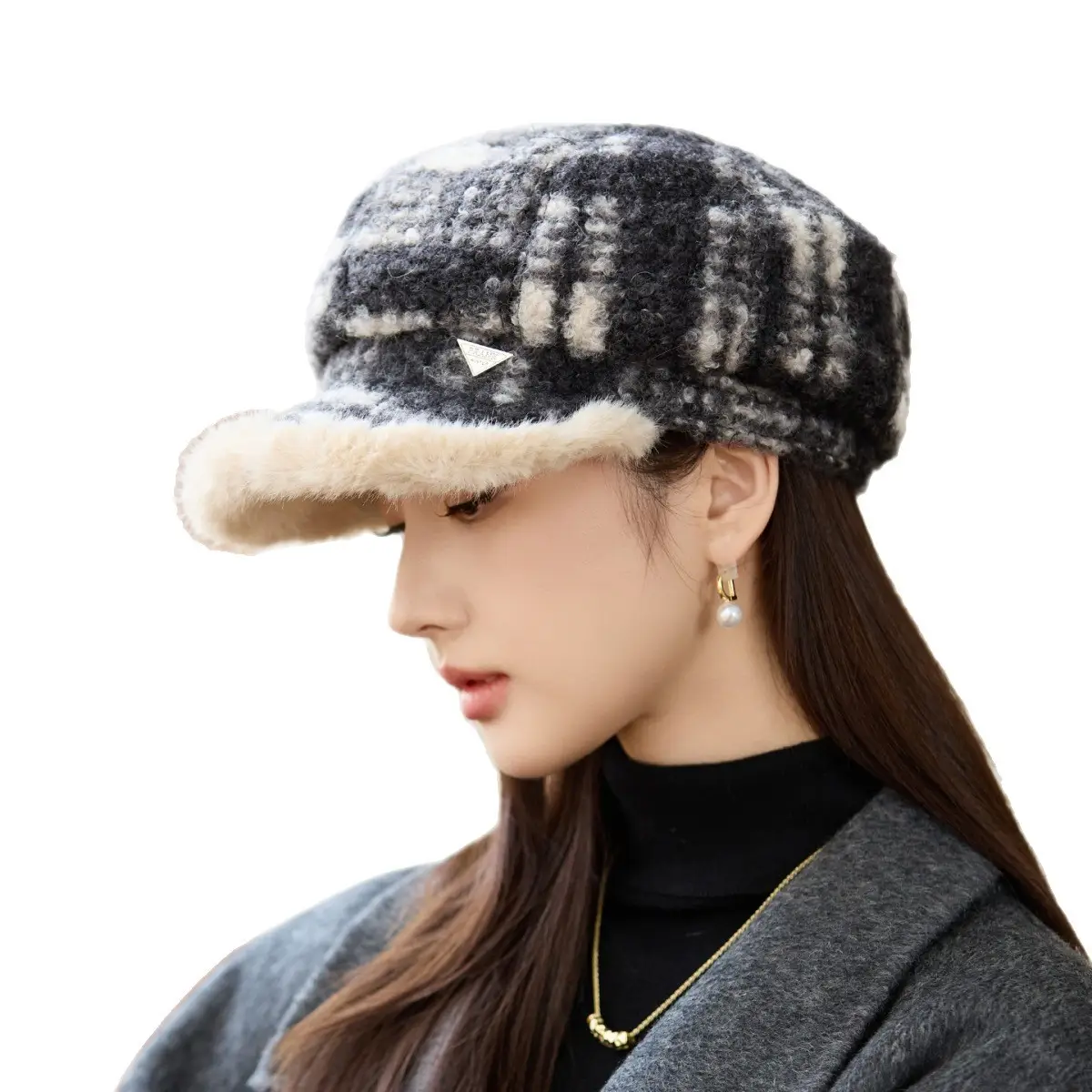 Women Plush Plaid Duck Cap Autumn Winter Sun Hat - Image 9