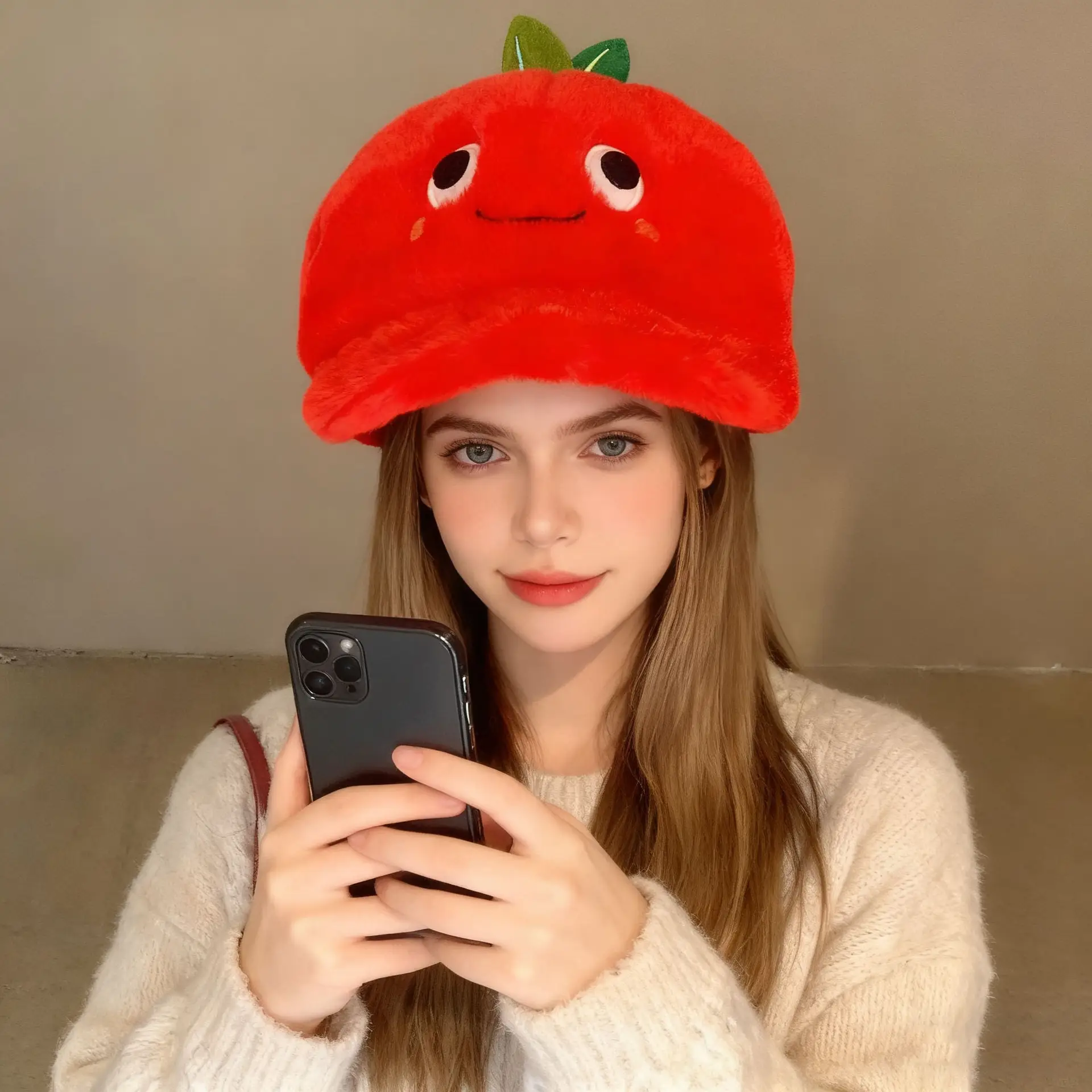 Cute Red Apple Plush Hat for Women Winter Warm - Image 3