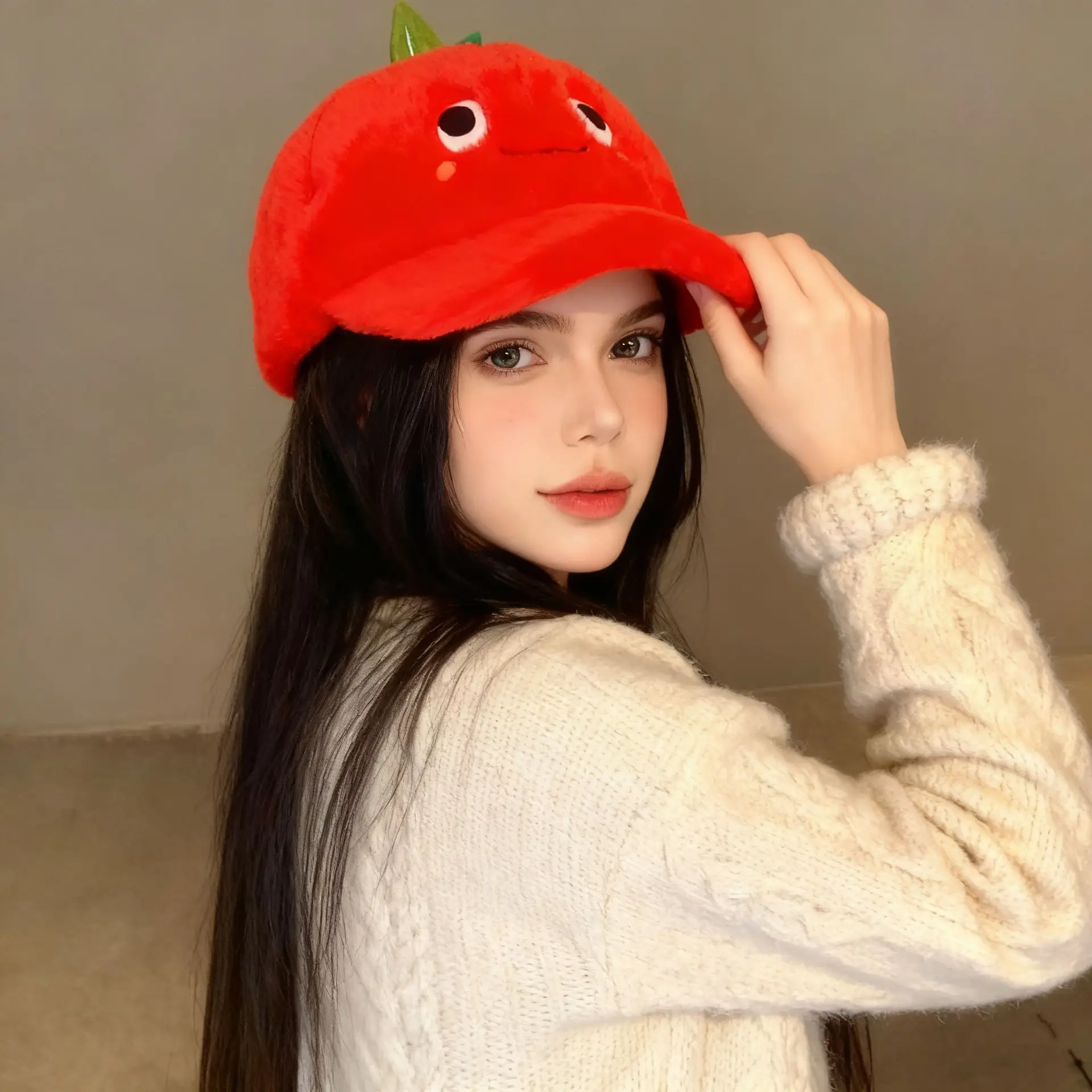 Cute Red Apple Plush Hat for Women Winter Warm - Image 4