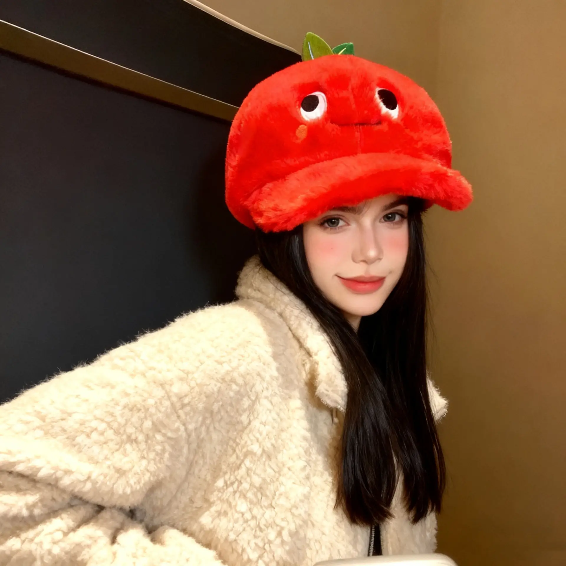 Cute Red Apple Plush Hat for Women Winter Warm - Image 5