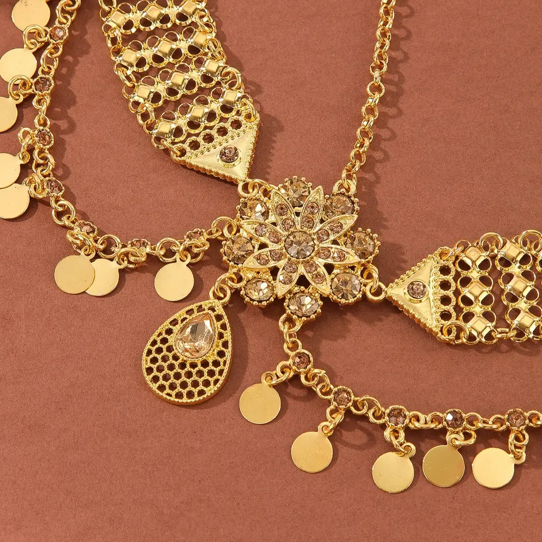 Dunhuang Feitian Sequin Tassel Hair Chain for Women Exotic Travel Photo Rhinestone Flower Tassel Golden Headdress