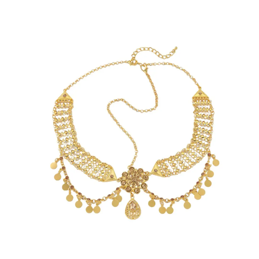 Dunhuang Feitian Sequin Tassel Hair Chain for Women Exotic Travel Photo Rhinestone Flower Tassel Golden Headdress