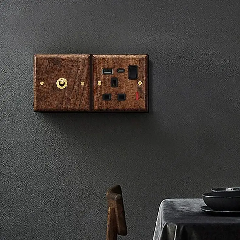 86 Type European and British Standard Walnut Wood Grain Solid Wood Toggle Switch Socket Panel Retro Chinese Style Guesthouse Hotel Switch