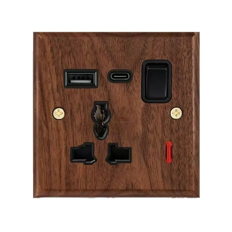 86 Type European and British Standard Walnut Wood Grain Solid Wood Toggle Switch Socket Panel Retro Chinese Style Guesthouse Hotel Switch