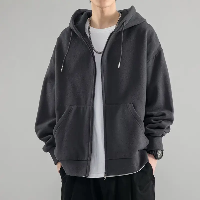 Solid Color Zipper Cardigan Sweatshirt Men's Spring and Autum Loose Hooded Student Hong Kong Style Men's Winter Velvet Hooded Jacket