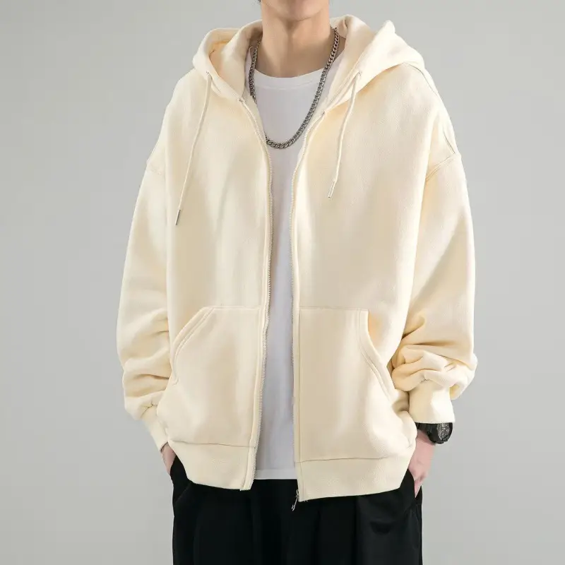 Solid Color Zipper Cardigan Sweatshirt Men's Spring and Autum Loose Hooded Student Hong Kong Style Men's Winter Velvet Hooded Jacket