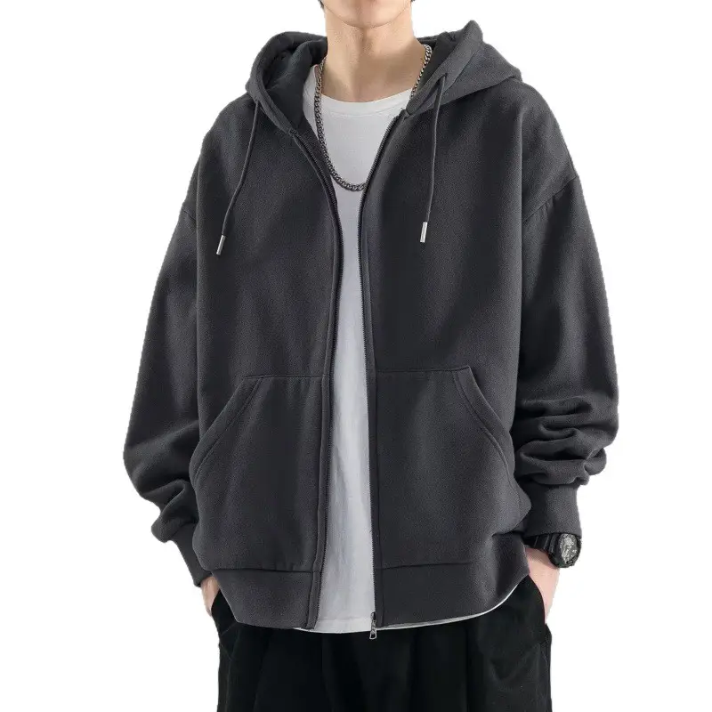 Solid Color Zipper Cardigan Sweatshirt Men's Spring and Autum Loose Hooded Student Hong Kong Style Men's Winter Velvet Hooded Jacket