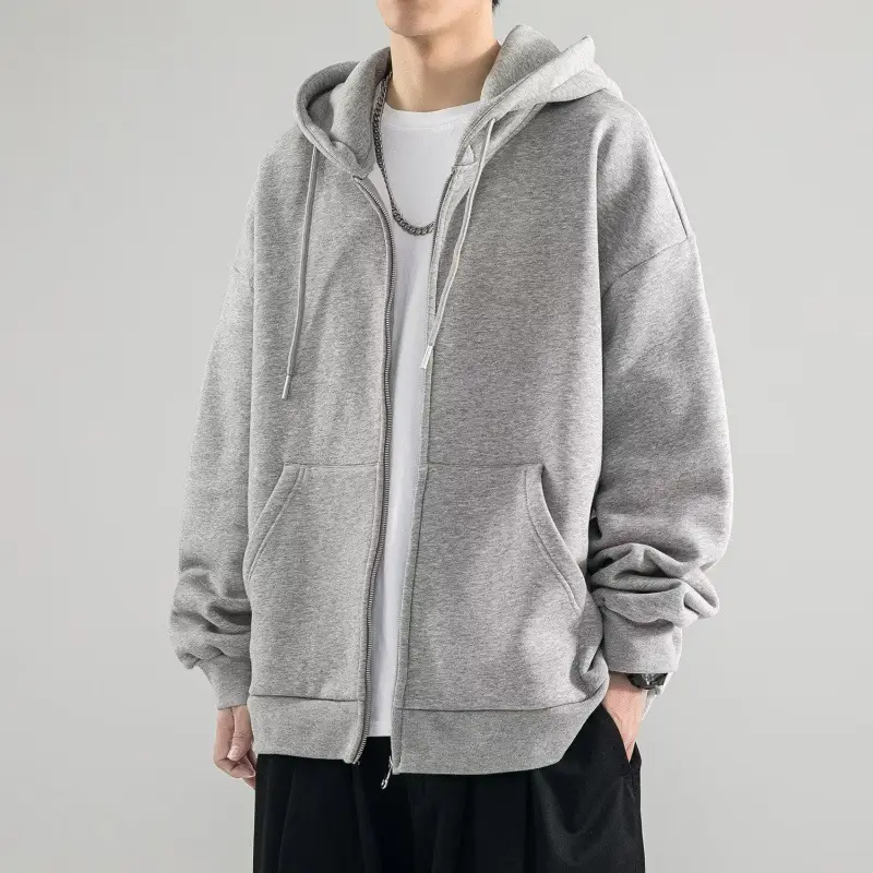 Solid Color Zipper Cardigan Sweatshirt Men's Spring and Autum Loose Hooded Student Hong Kong Style Men's Winter Velvet Hooded Jacket — feature 4