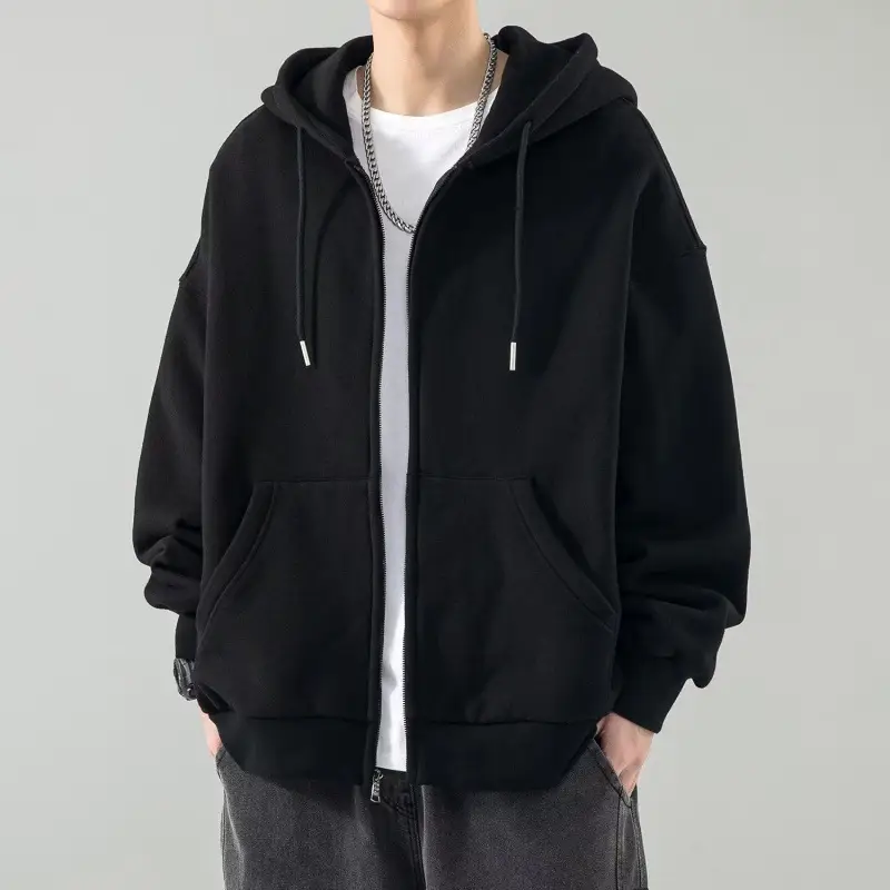 Solid Color Zipper Cardigan Sweatshirt Men's Spring and Autum Loose Hooded Student Hong Kong Style Men's Winter Velvet Hooded Jacket