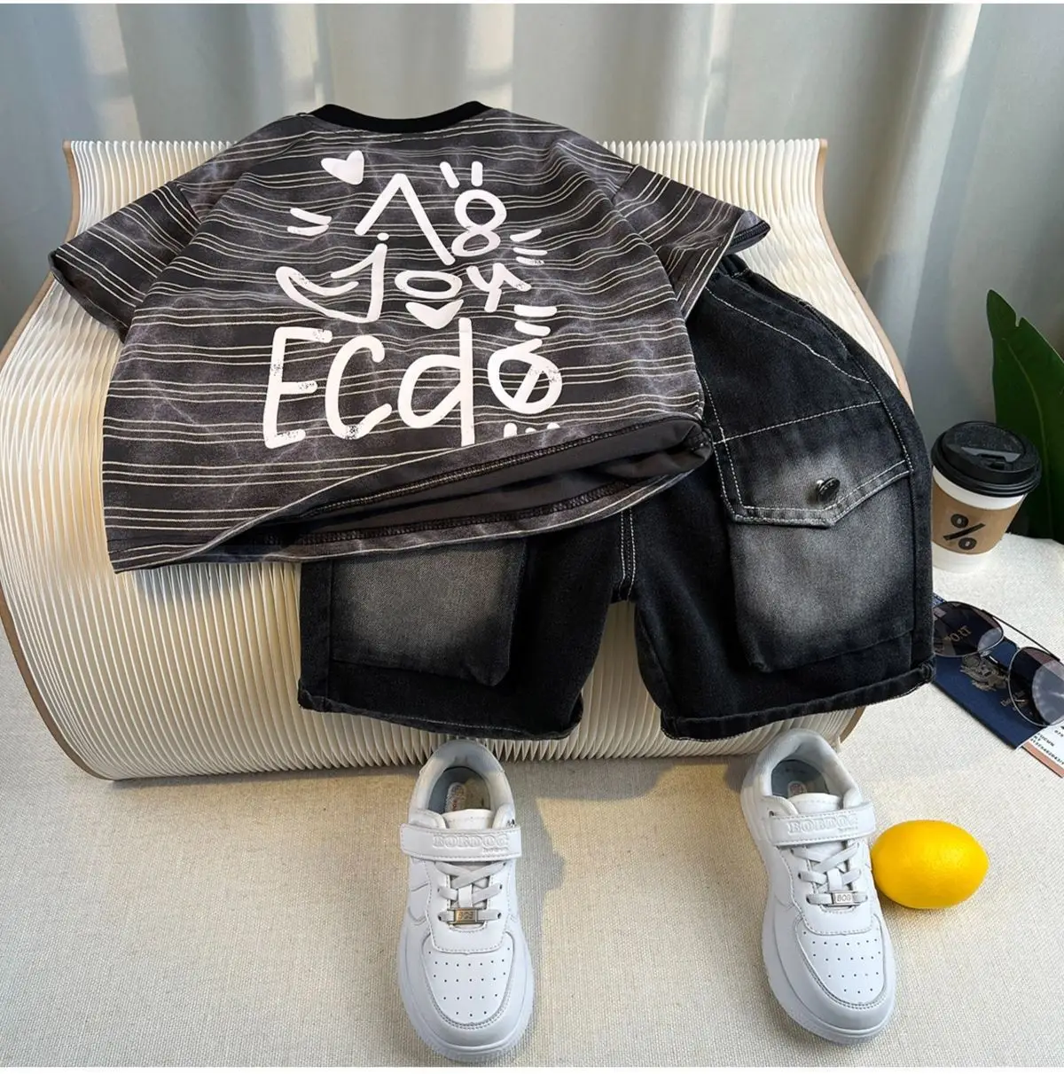 Cool Fashion Boys Blue Striped Shorts Set — feature 5