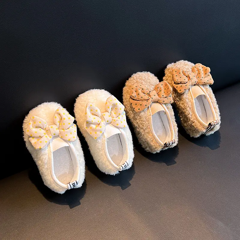 Baby Girl's Lamb Fur Bow Shoes Fleece Lined Soft Sole