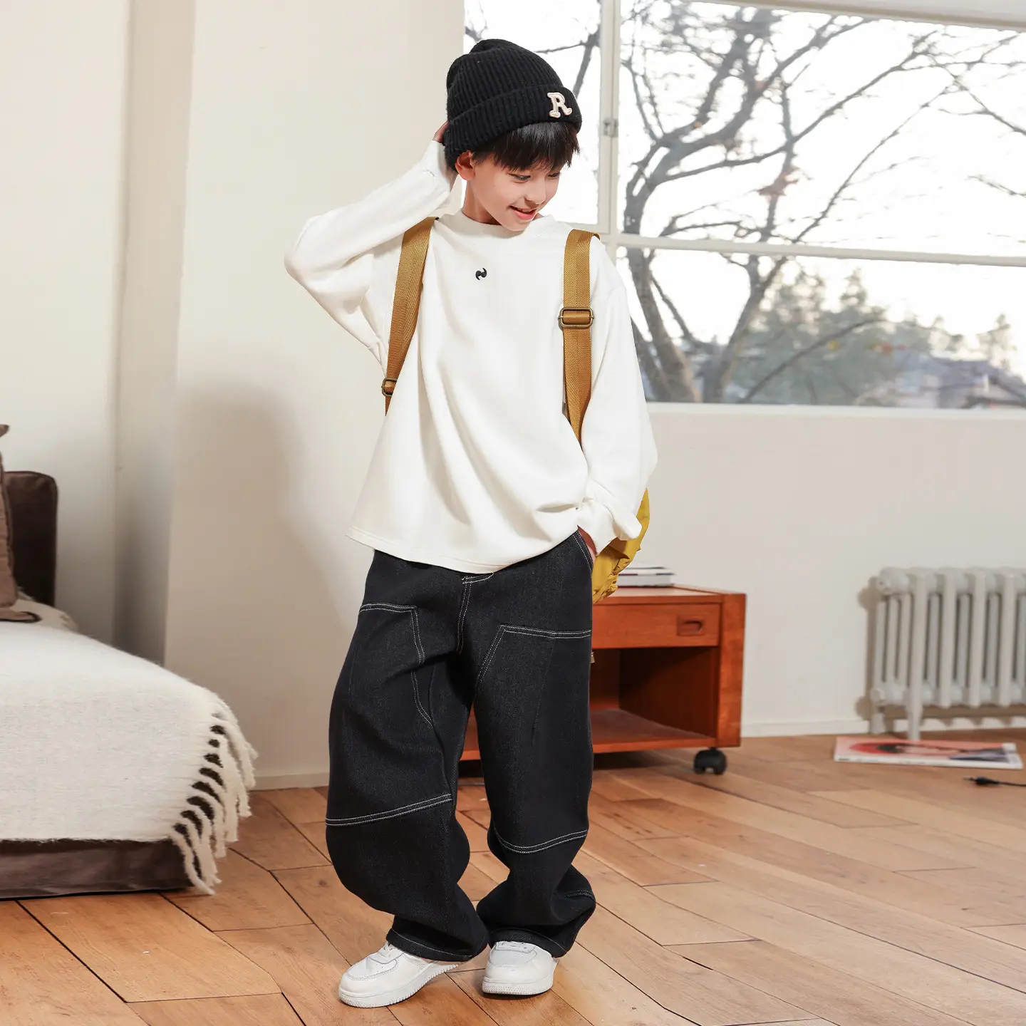 2025 Boys Velvet T-Shirt Black Gray Winter Warm - Image 2