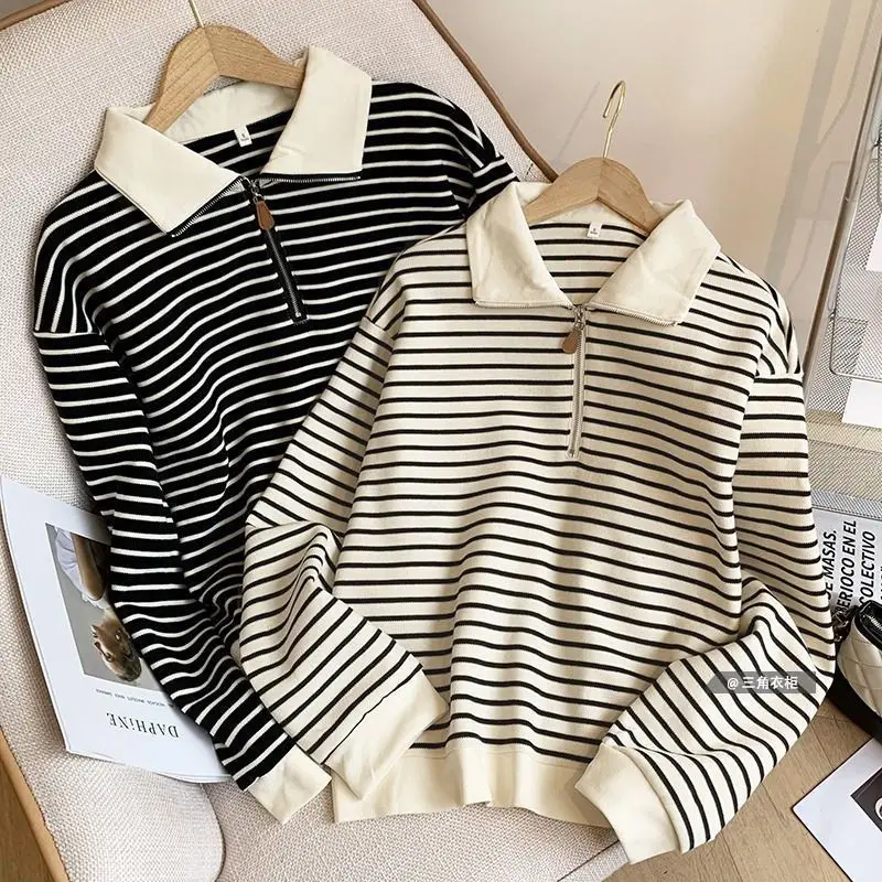 Women Striped Polo Collar Sweatshirt Large 2025 - Image 3
