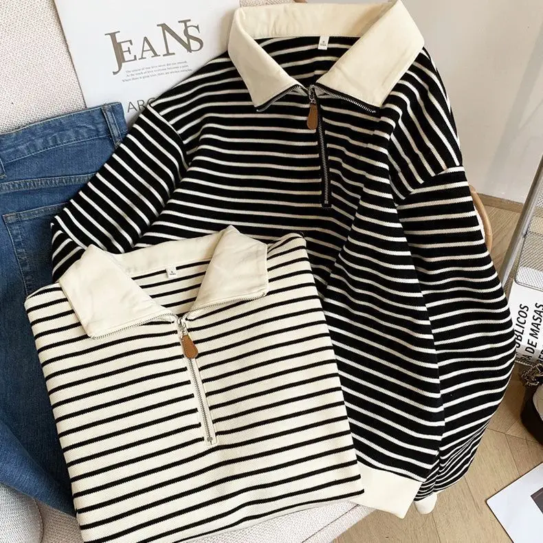 Women Striped Polo Collar Sweatshirt Large 2025 - Image 4