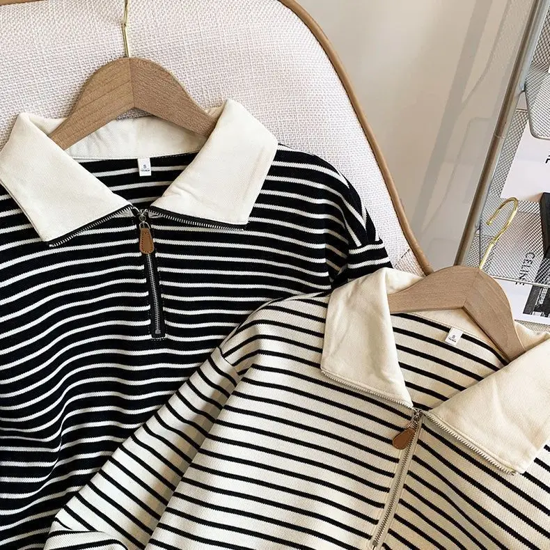 Women Striped Polo Collar Sweatshirt Large 2025 - Image 5