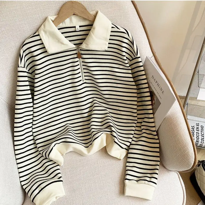 Women Striped Polo Collar Sweatshirt Large 2025 - Image 6