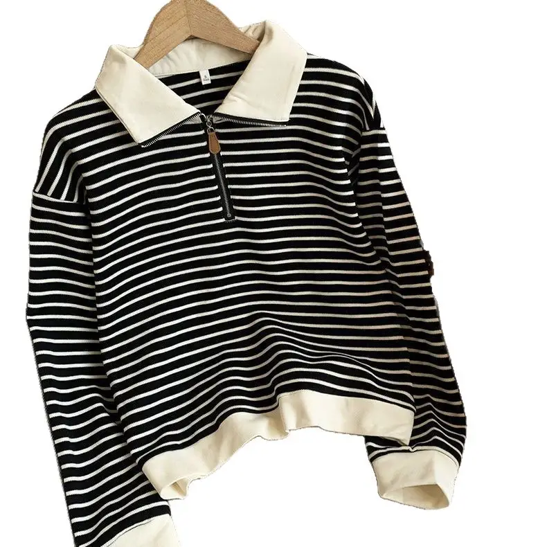 Women Striped Polo Collar Sweatshirt Large 2025 - Image 7