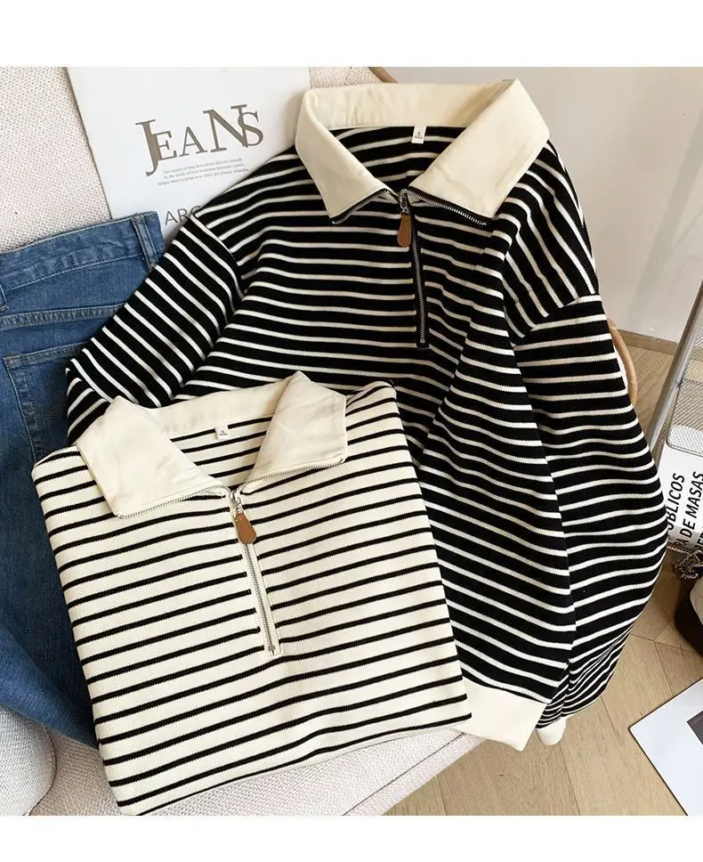 Women Striped Polo Collar Sweatshirt Large 2025 — feature 1