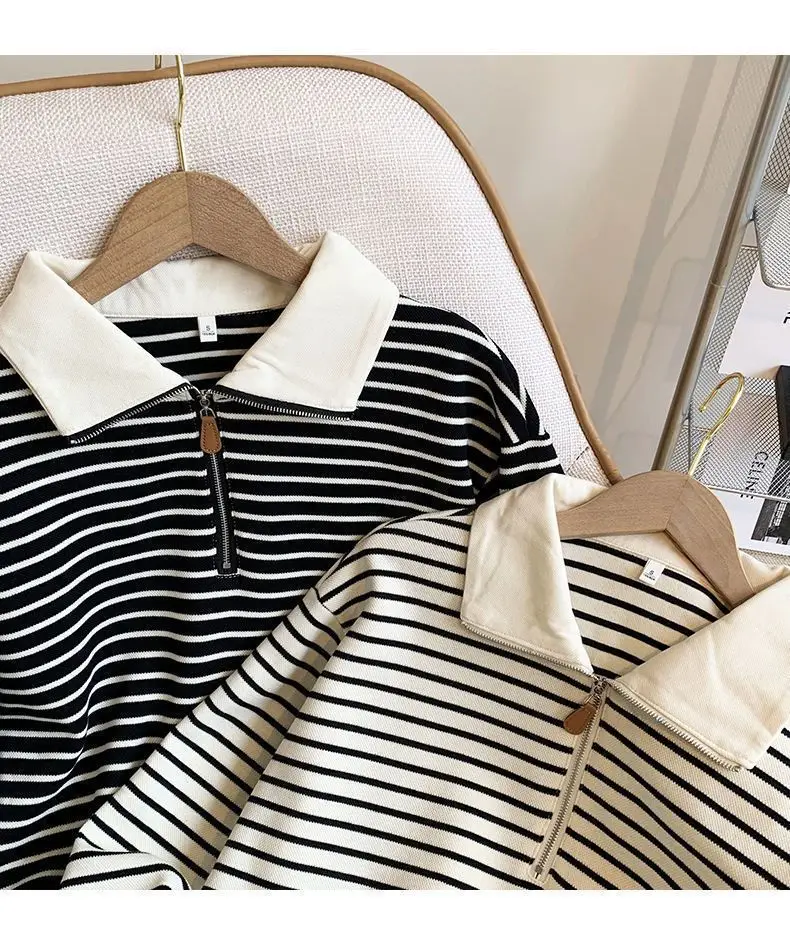 Women Striped Polo Collar Sweatshirt Large 2025 — feature 2