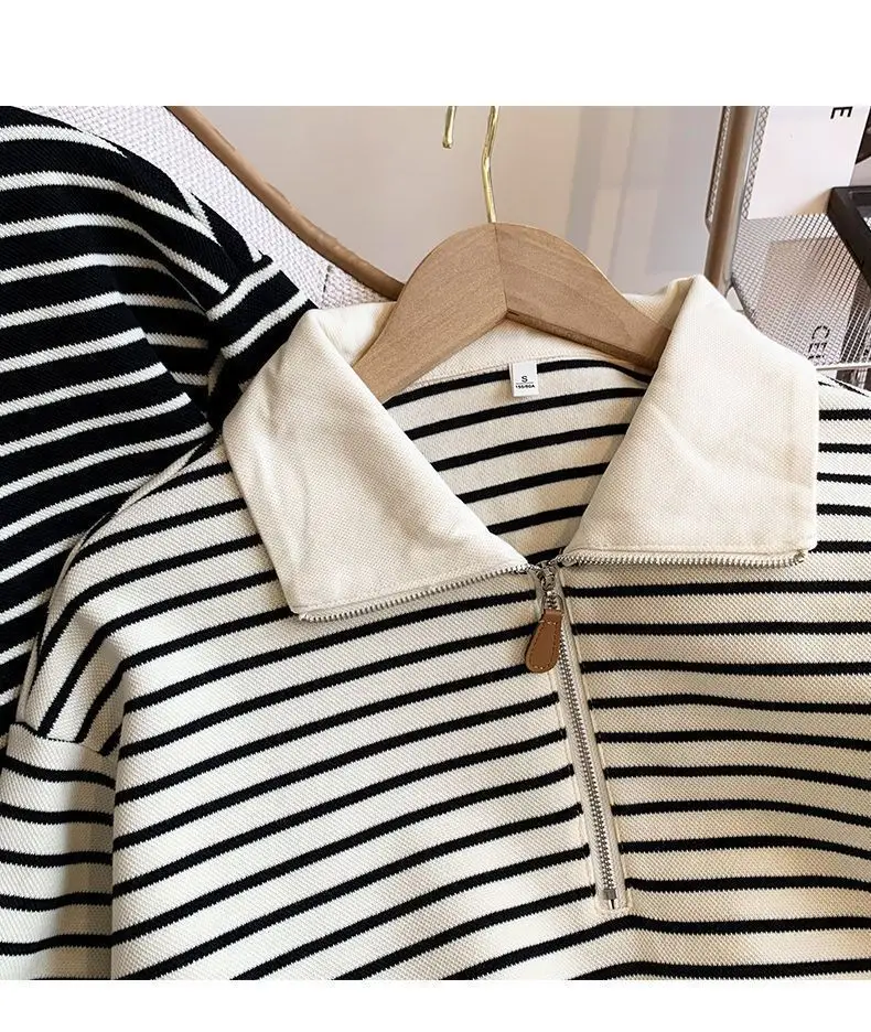 Women Striped Polo Collar Sweatshirt Large 2025 — feature 3