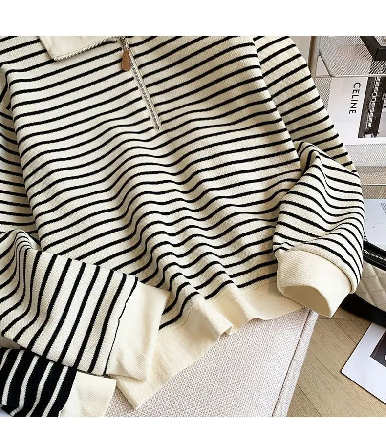 Women Striped Polo Collar Sweatshirt Large 2025 — feature 4