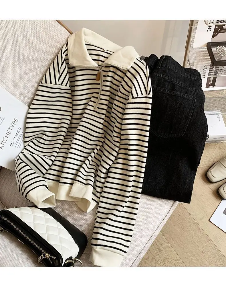 Women Striped Polo Collar Sweatshirt Large 2025 — feature 6