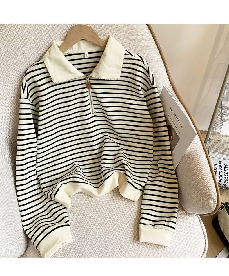 Women Striped Polo Collar Sweatshirt Large 2025 — feature 7