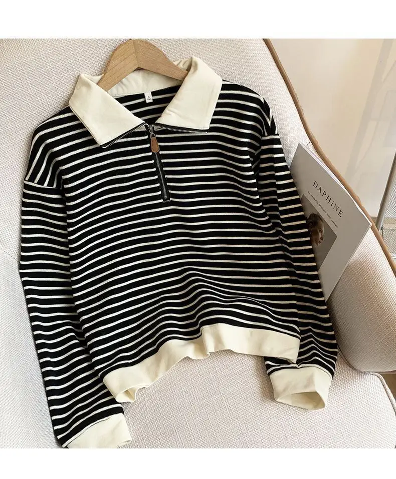 Women Striped Polo Collar Sweatshirt Large 2025 — feature 8