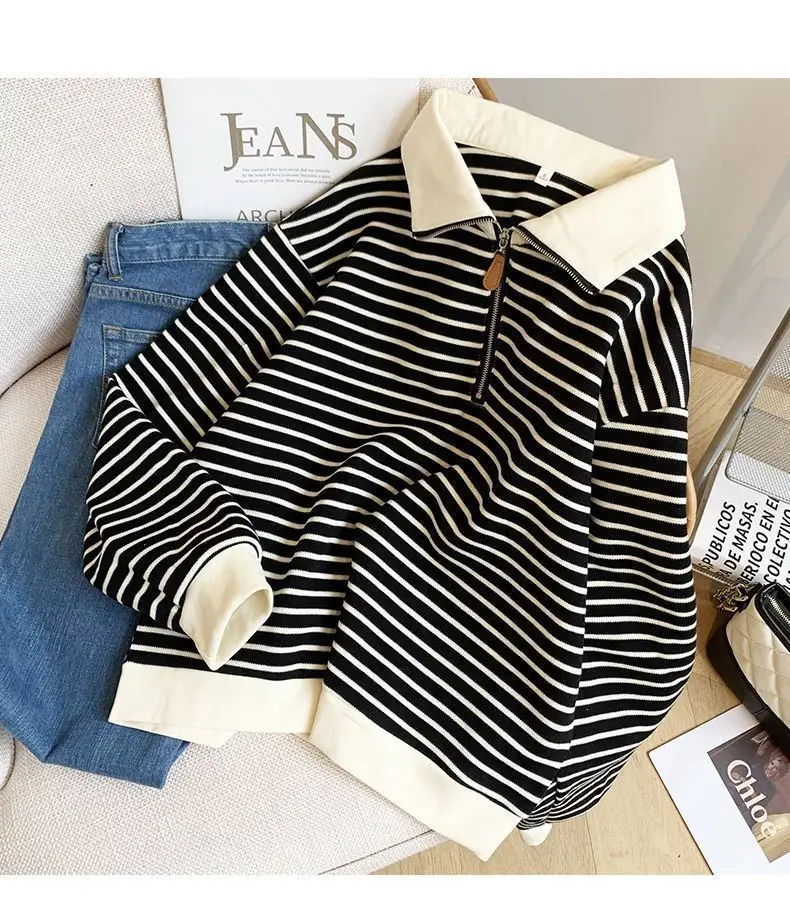 Women Striped Polo Collar Sweatshirt Large 2025 — feature 9