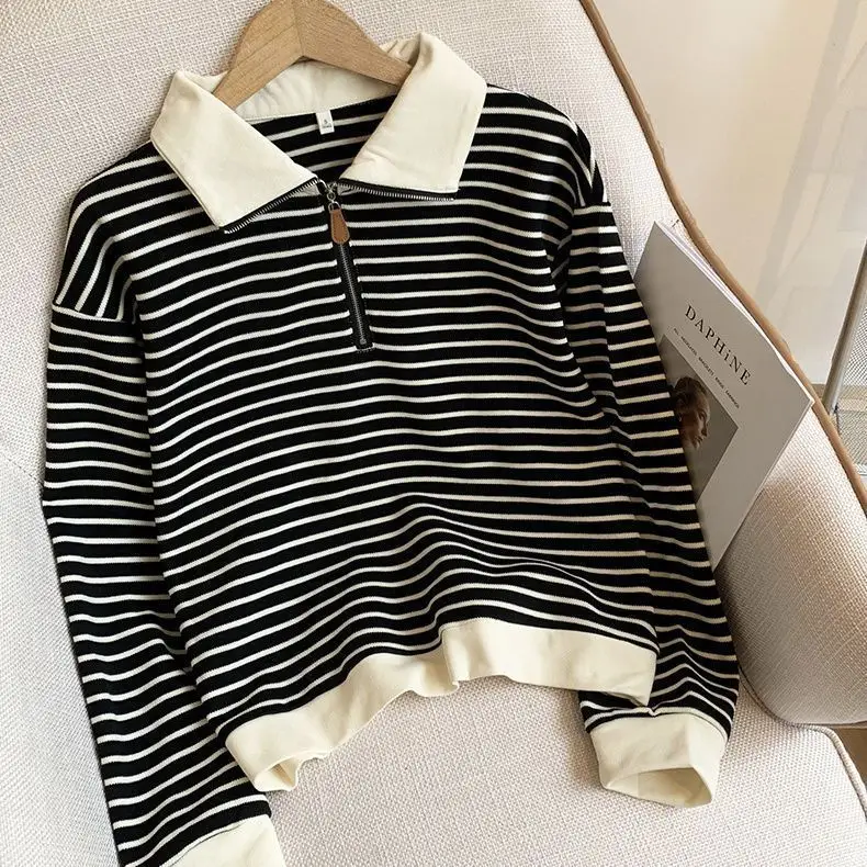 Women Striped Polo Collar Sweatshirt Large 2025 - Image 2