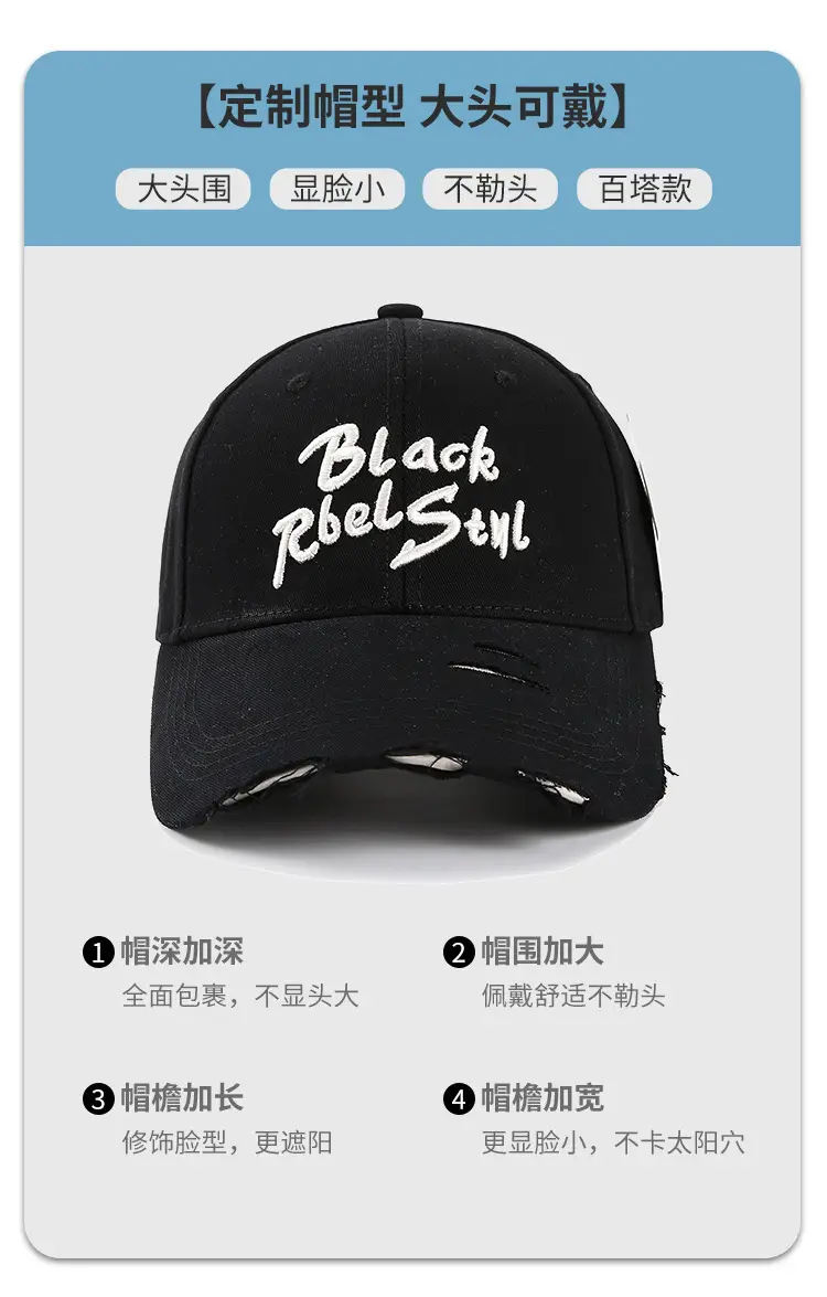 Black Retro Letter Baseball Cap for Women Large Head — feature 2