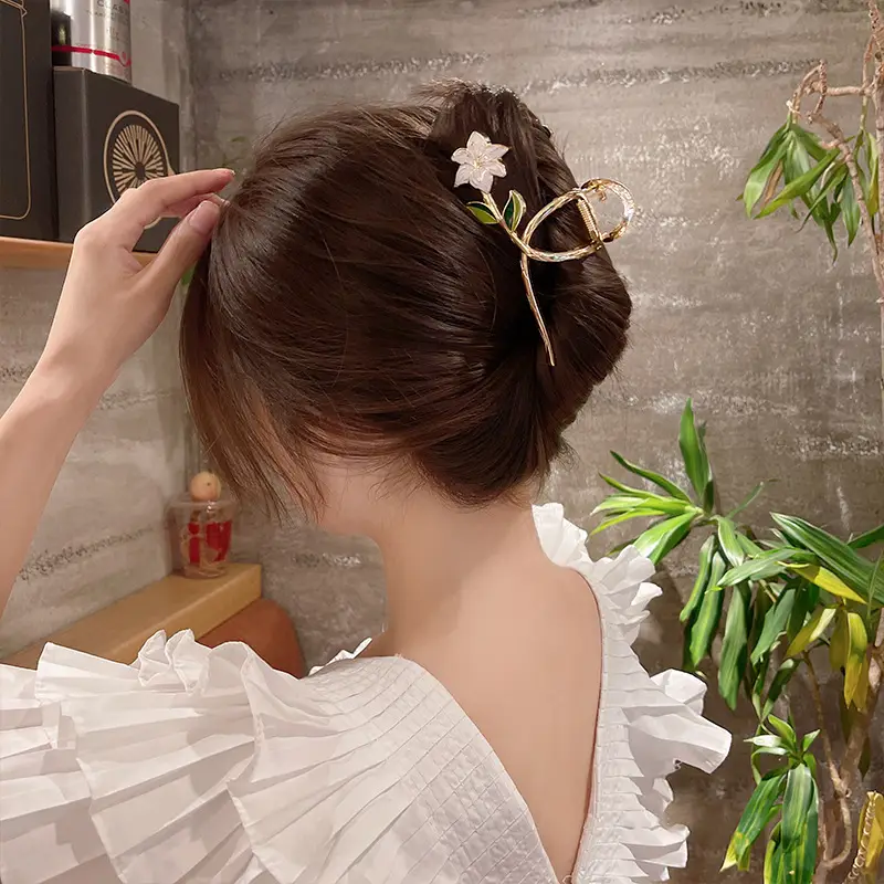 Gold Flower Hair Clip for Women's Back of Head - Image 3