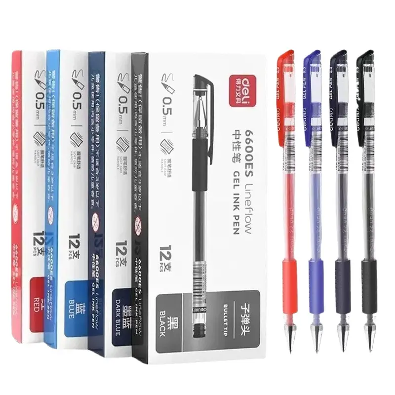Deli 6600Es Gel Pen Black 0.5mm Bullet Tip Cap-Off Pen Blue Red Signature Pen for Students and Office Use