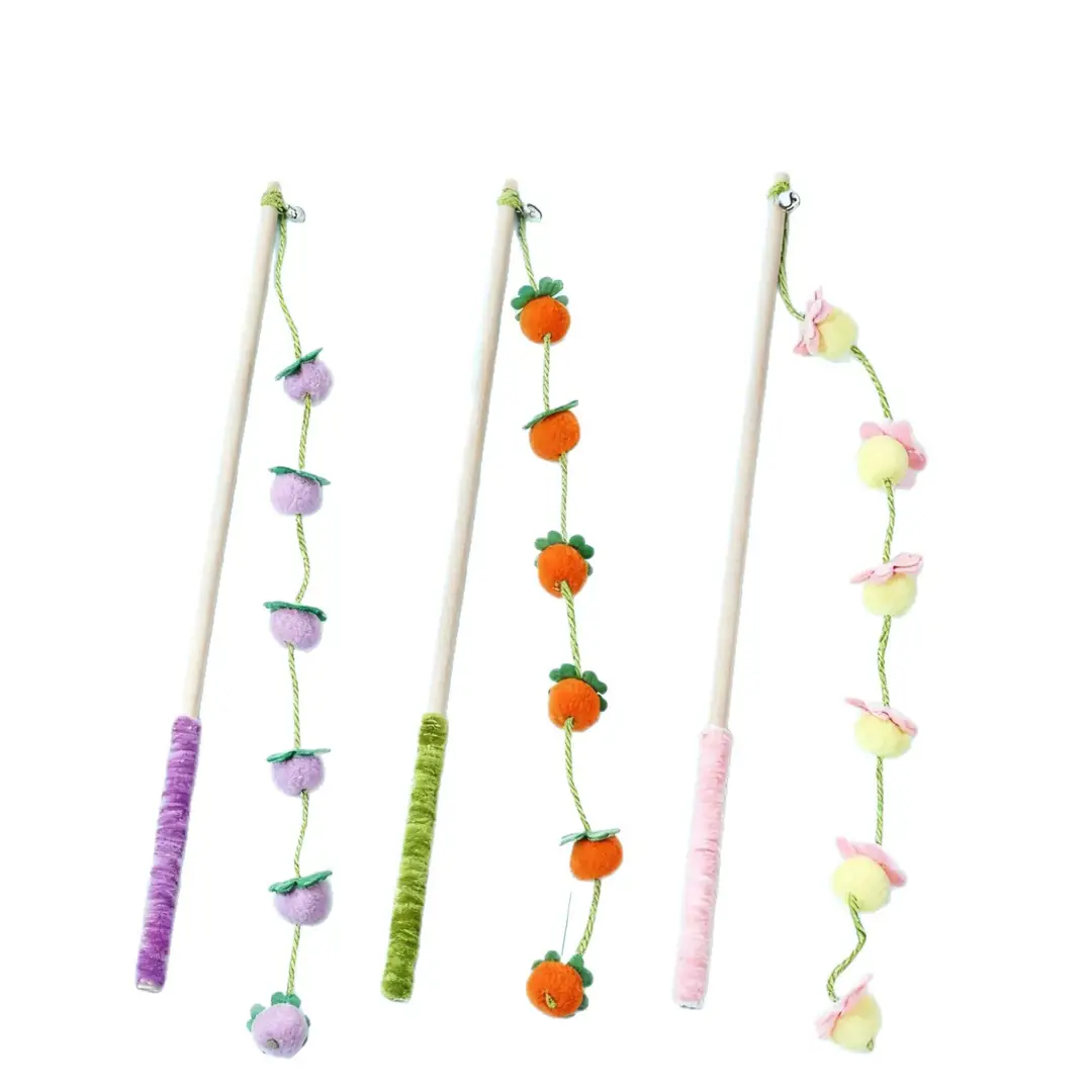 Cat Toy Wooden Handle Persimmon String Teaser Stick with Bell, Scratch-Resistant and Bite-Resistant, Pet Cat Teaser Stick Replacement Head
