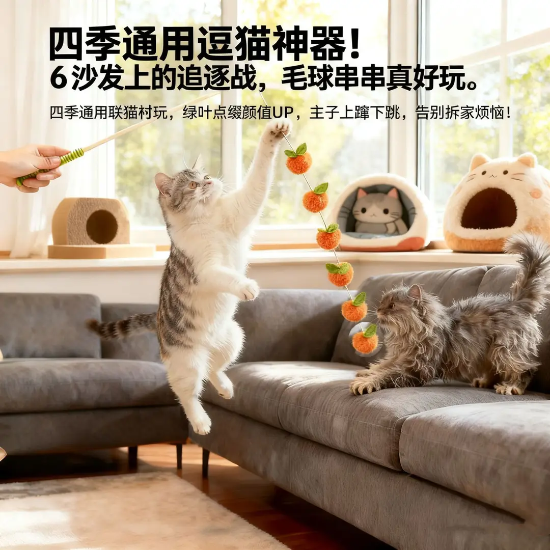 Cat Toy Wooden Handle Persimmon String Teaser Stick with Bell, Scratch-Resistant and Bite-Resistant, Pet Cat Teaser Stick Replacement Head — feature 3