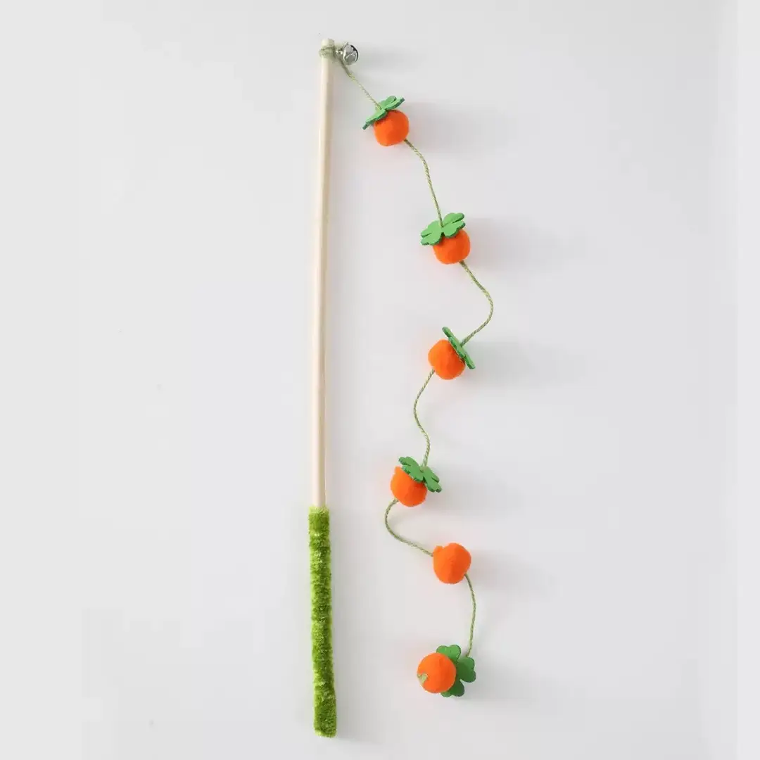 Cat Toy Wooden Handle Persimmon String Teaser Stick with Bell, Scratch-Resistant and Bite-Resistant, Pet Cat Teaser Stick Replacement Head