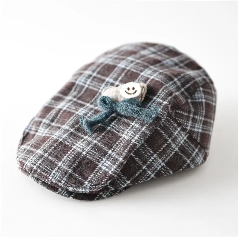 Women Retro Plaid Duckbill Hat with Smiley Button - Image 7