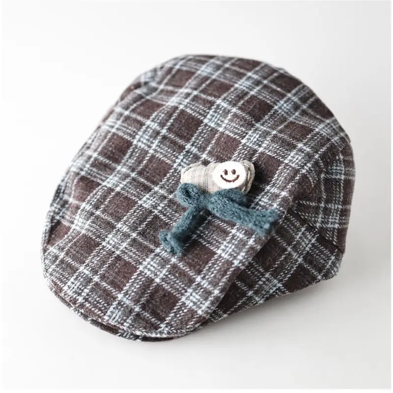 Women Retro Plaid Duckbill Hat with Smiley Button - Image 8