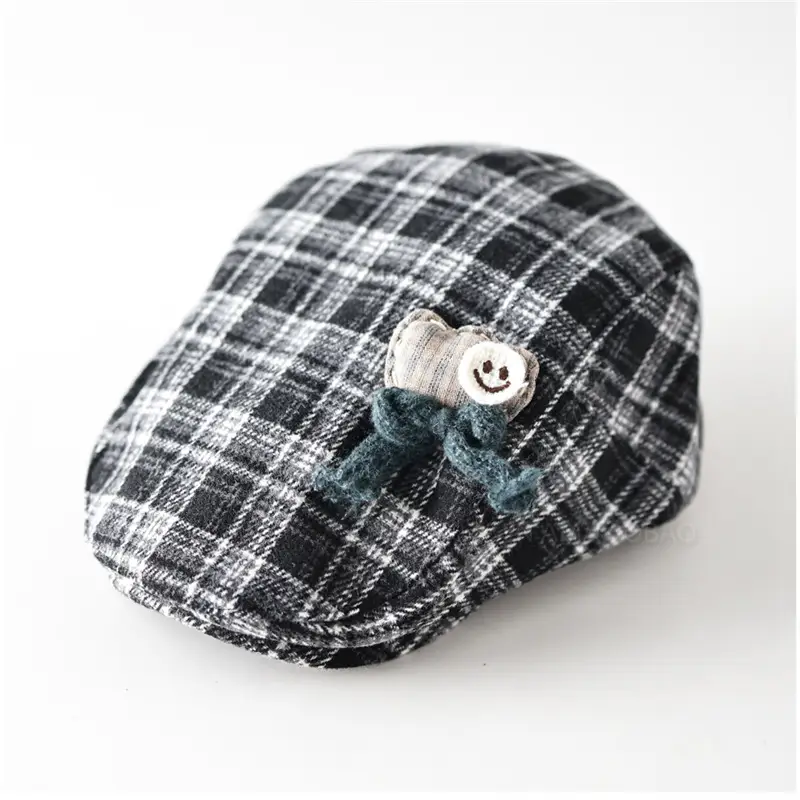 Women Retro Plaid Duckbill Hat with Smiley Button - Image 3