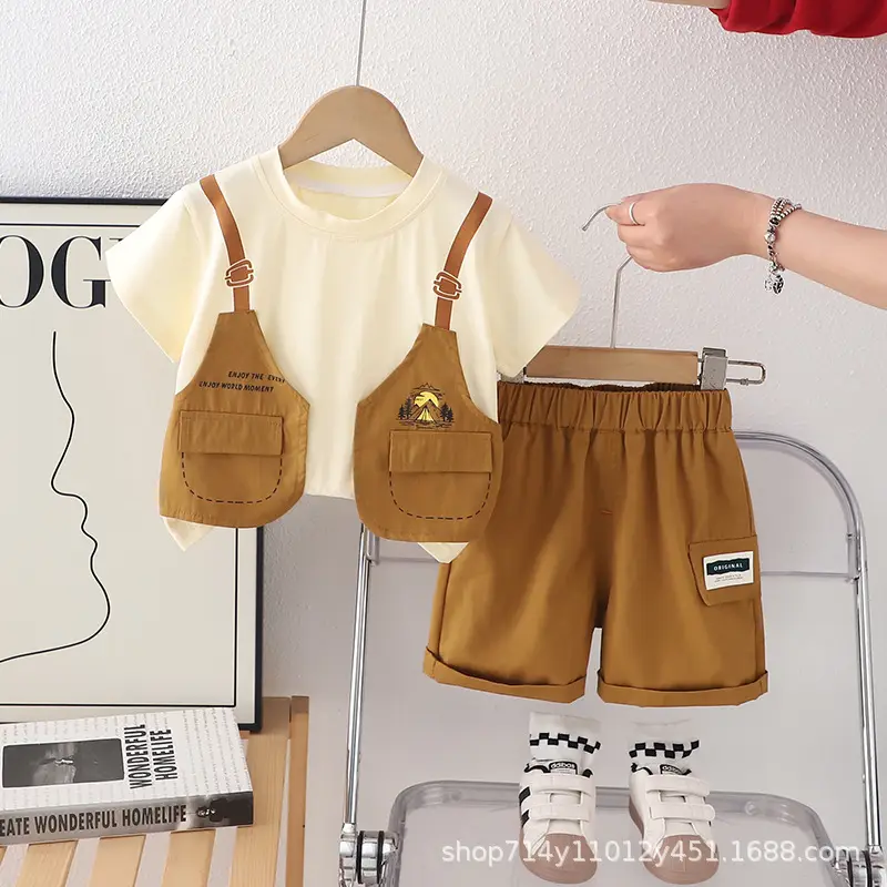 Trendy Boys Brown T-Shirt Shorts Set 2025 Summer - Image 2