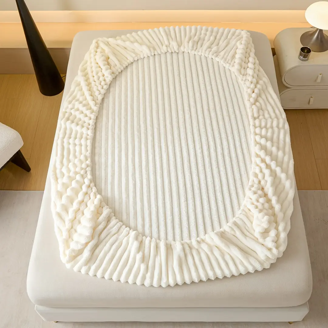 Autumn and Winter Striped Rabbit Plush Solid Color Fitted Sheet with Fleece Thickened Mattress Protector Cover