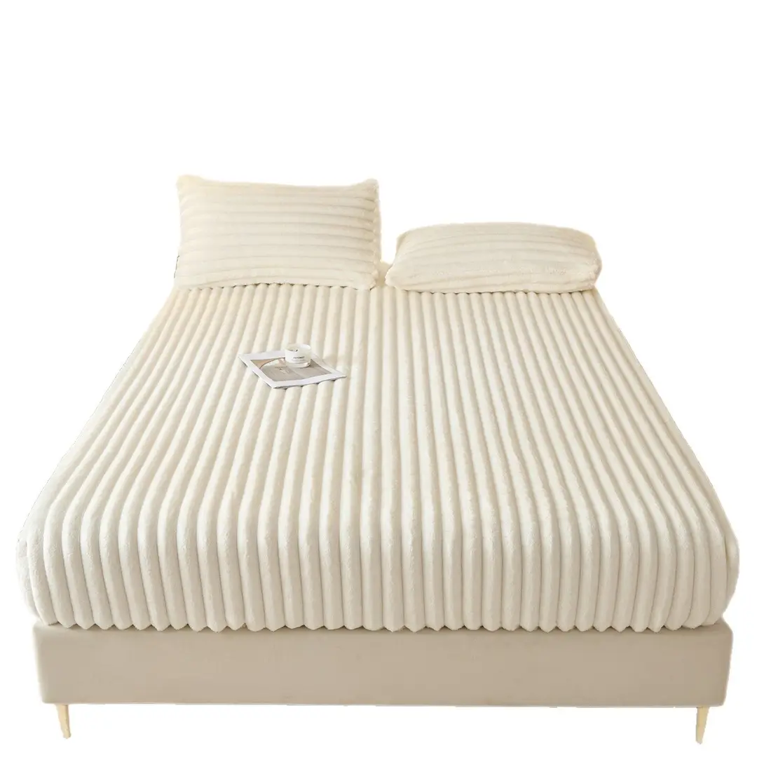 Autumn and Winter Striped Rabbit Plush Solid Color Fitted Sheet with Fleece Thickened Mattress Protector Cover