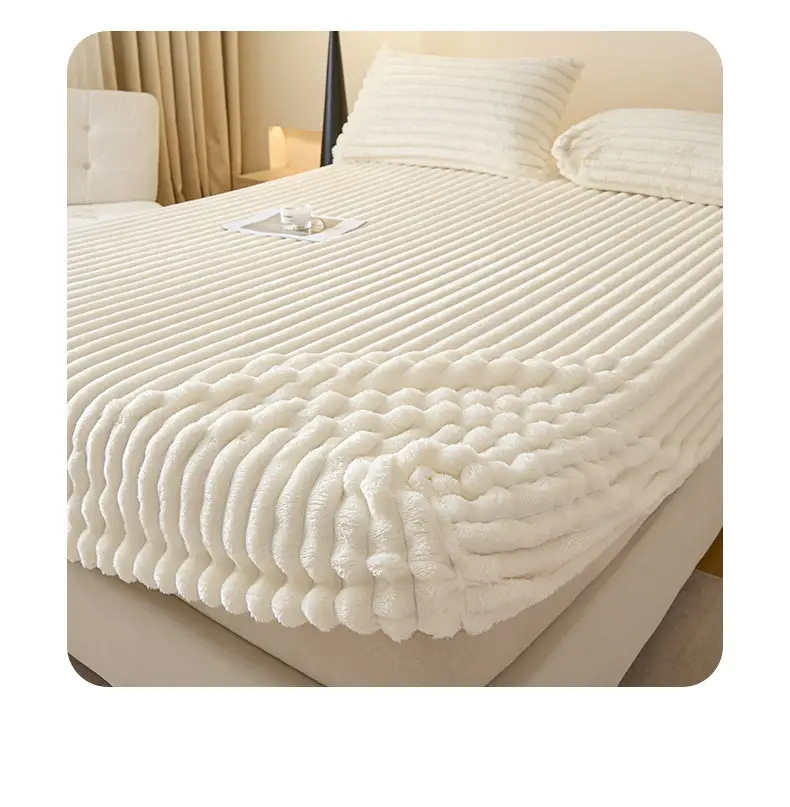 Autumn and Winter Striped Rabbit Plush Solid Color Fitted Sheet with Fleece Thickened Mattress Protector Cover — feature 13