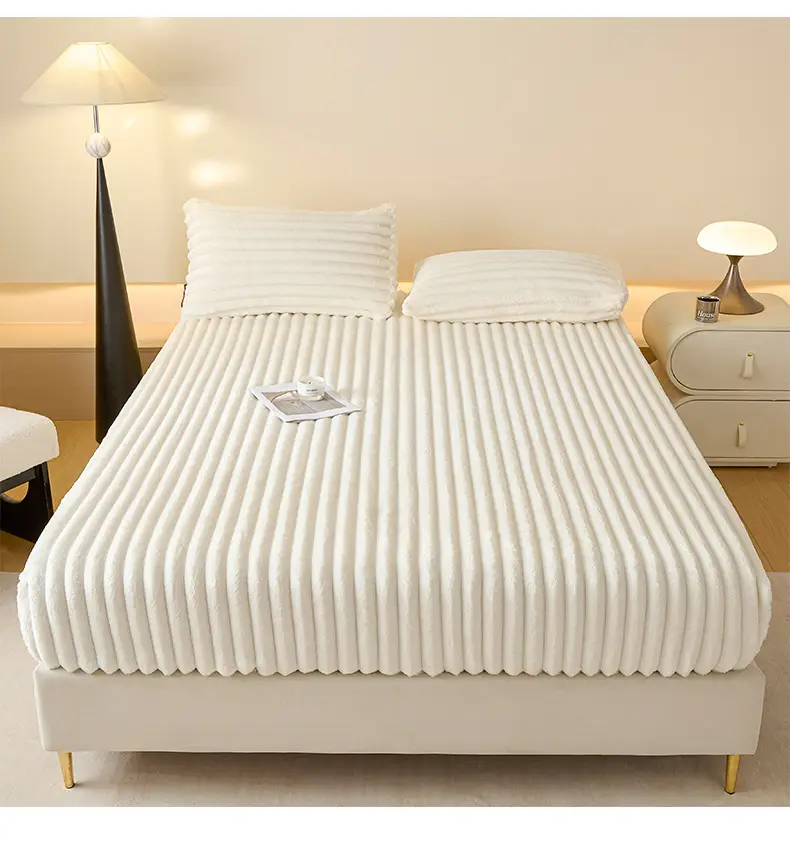 Autumn and Winter Striped Rabbit Plush Solid Color Fitted Sheet with Fleece Thickened Mattress Protector Cover — feature 17