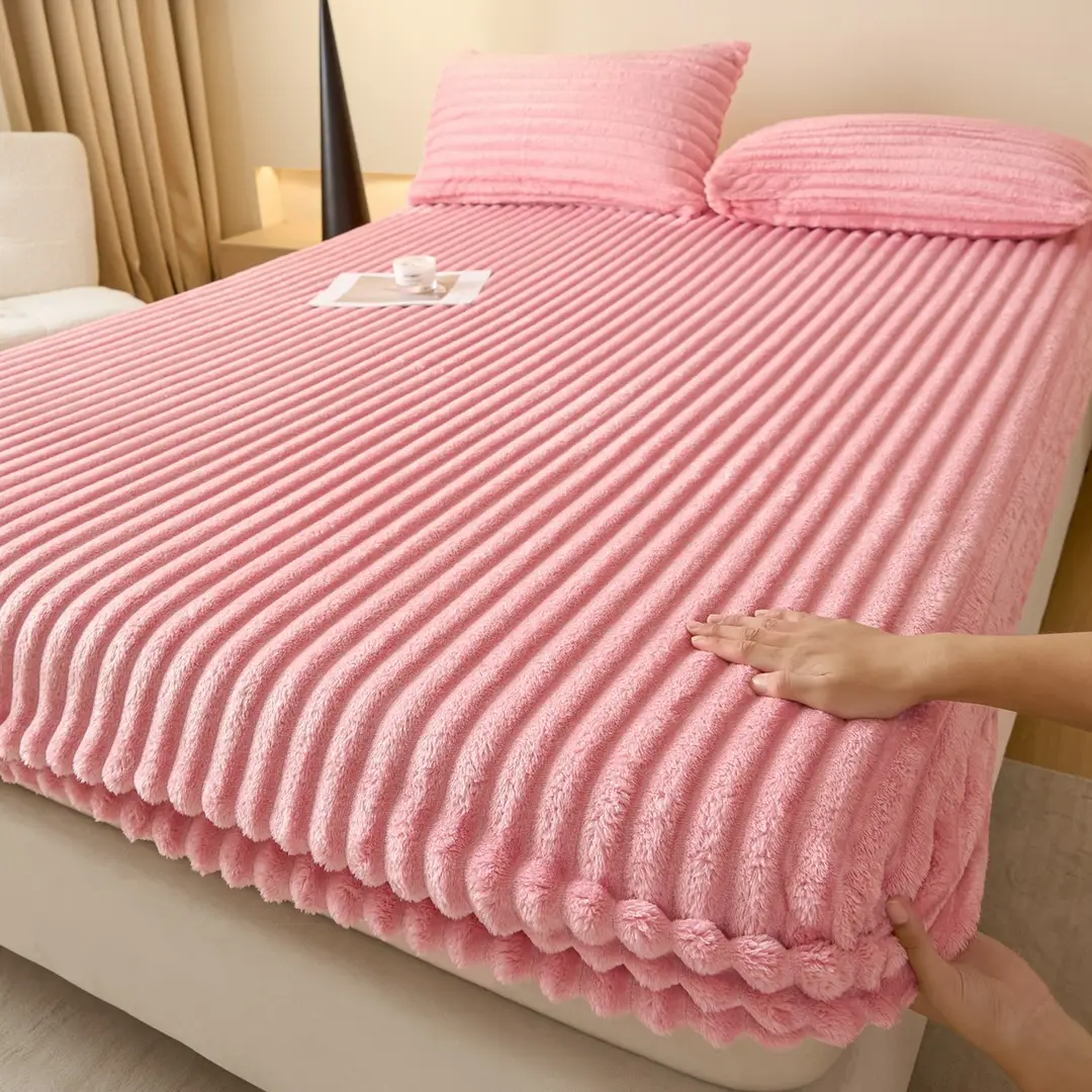Autumn and Winter Striped Rabbit Plush Solid Color Fitted Sheet with Fleece Thickened Mattress Protector Cover